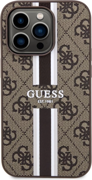 Mbështjellës Guess GUHMP14LP4RPSW për iPhone 14 Pro 6.1", 4G Printed Stripes MagSafe, Kafe