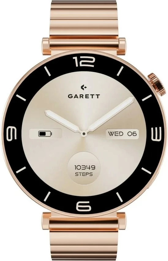 Smartwatch Garett Rose 1.32" AMOLED, Bluetooth, IP67, 260 mAh, me byzylyk çeliku + rrip lëkure, Rose Gold