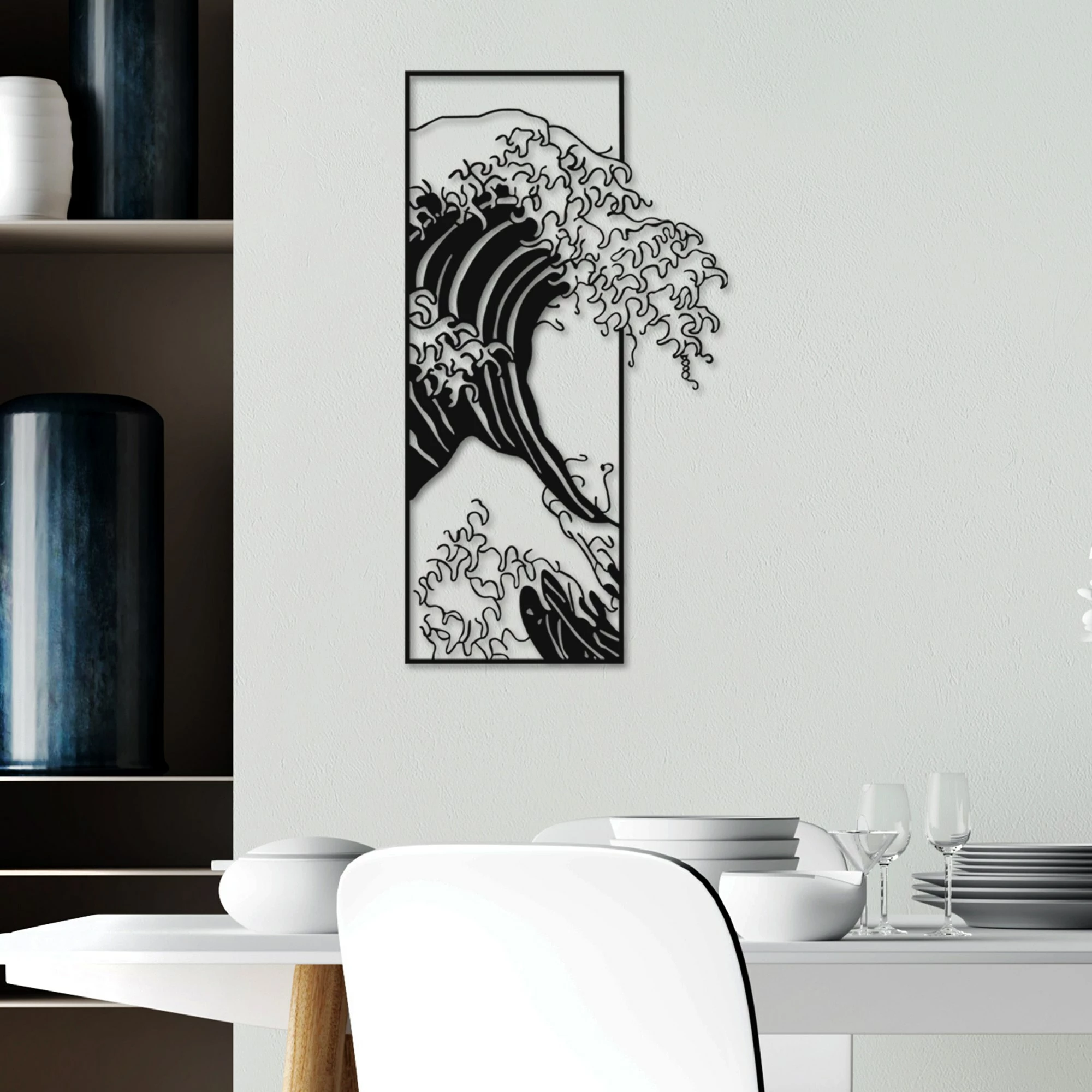 Aksesor dekorativ metalik për mur, Waves 3, ngjyrë e zezë, 34x62cm