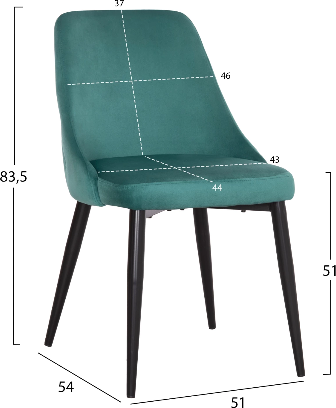 Karrige për ngrënie SERENITY FH8527.13, kadife mente, këmbë metalike të zeza, 51x54x83.5 cm, set prej 2 copash