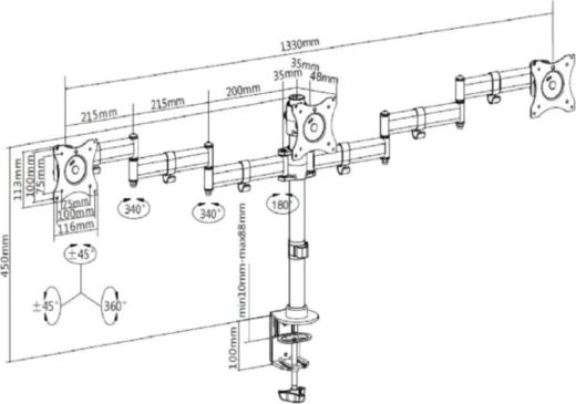 Mbajtëse tavoline për 3 monitorë VONHAUS 3000474 deri 27\", VESA 75x75/100x100, e zezë