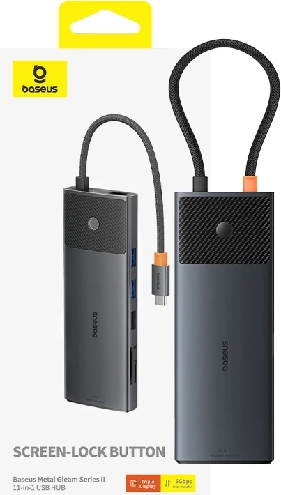 HUB Baseus Metal Gleam Series, 11 porte, USB-C, RJ45, HDMI, Gri