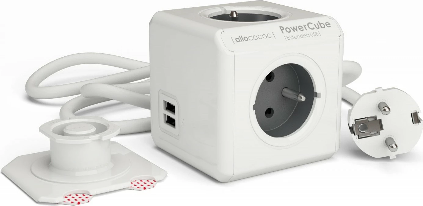 Zgjatës elektrik me USB, Allocacoc PowerCube Extended USB 3m2404, 4x Type E, 2x USB, prizë hibride E/F, kabllo 3 m, gri/bardhë
