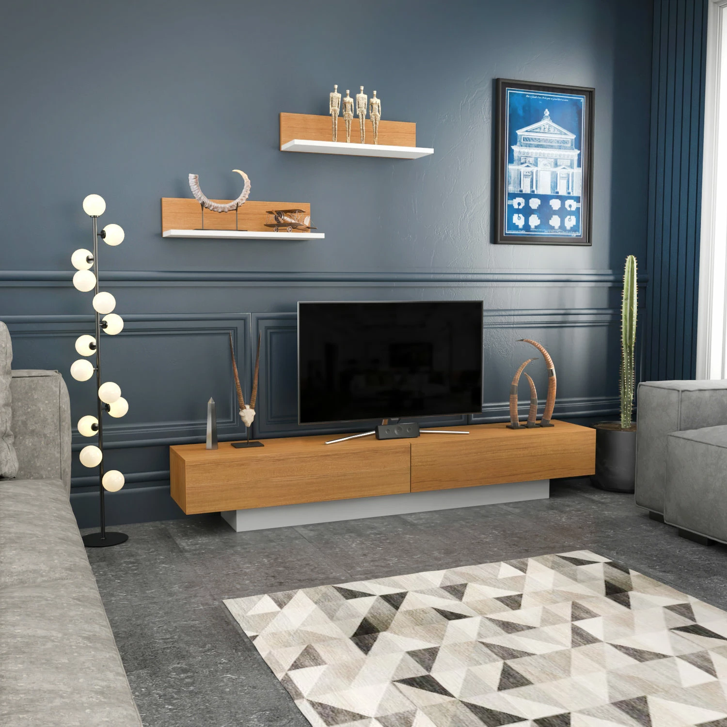 Komodë TV Skye Decor, Lusi, e bardhë dhe dru tik