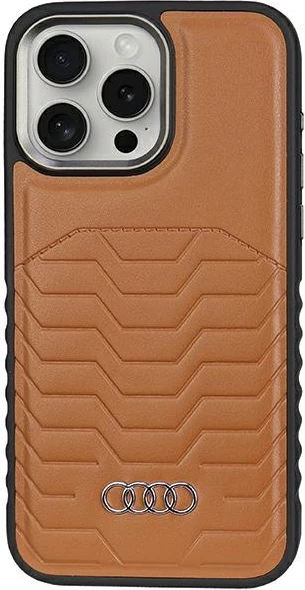 Mbështjellës Audi për iPhone 14 Pro Max, lëkurë sintetike, MagSafe, kafe