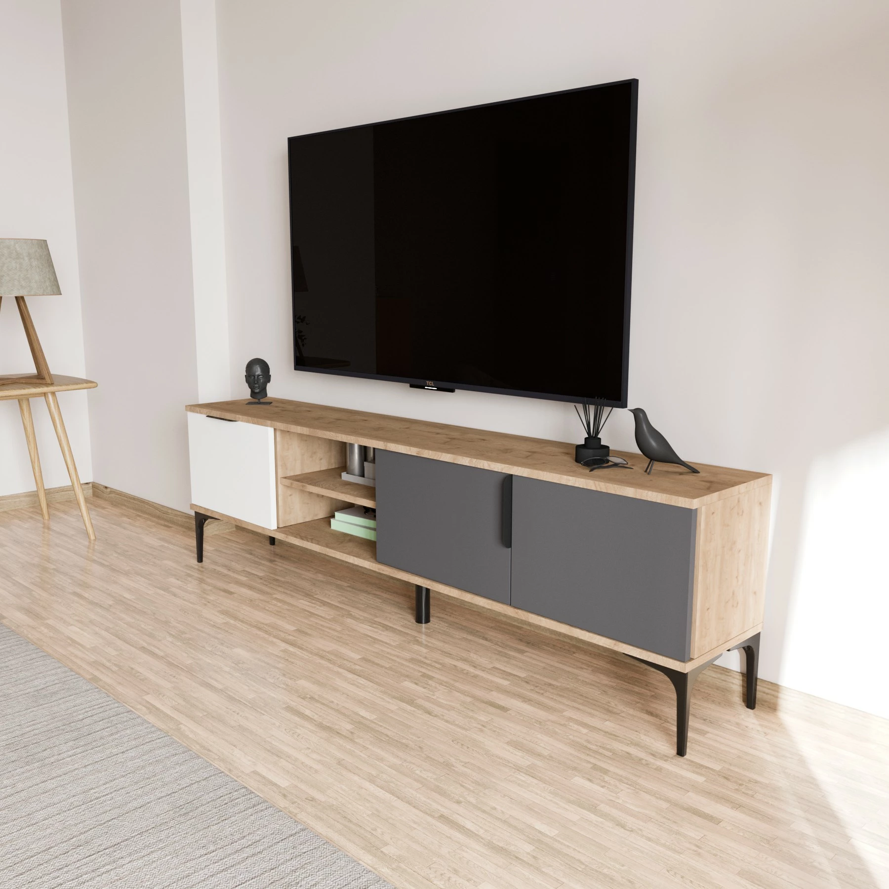 Komodë TV, ngjyrë e bardhë, antracit, lis, Skye Decor, Tarz