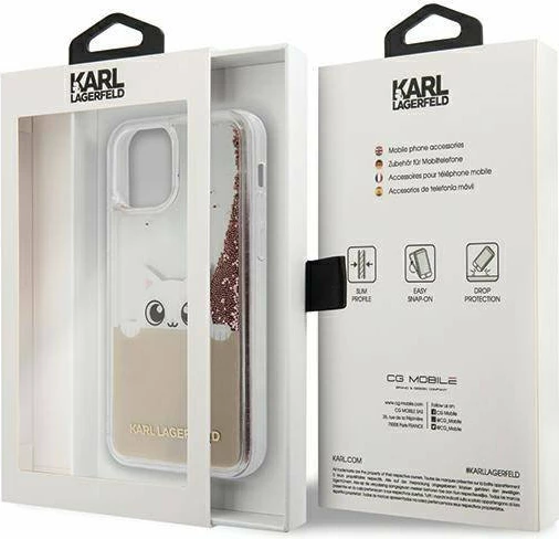 Mbështjellës KARL LAGERFELD KLHCP12SPABGNU për iPhone 12 Mini, hard transparent me glitter rozë "Peek a Boo", transparent