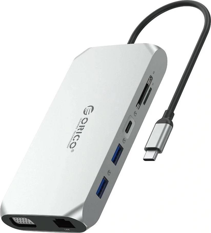 Hub Orico USB-C 12n1 XCR-X22, 3x USB-A 3.1, 1x USB-A 2.0, USB-C PD 100W, HDMI 4K, VGA, RJ45, SD/microSD, audio, argjendtë
