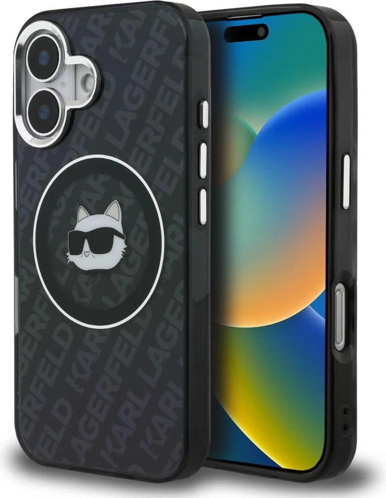 Mbështjellës Karl Lagerfeld IML Choupette Head Logo MagSafe për iPhone 16, i zi