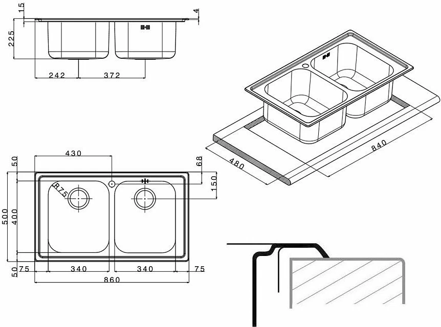 Lavaman me dy hapje Apell LN862IBC, 86 x 50 cm, çelik inox