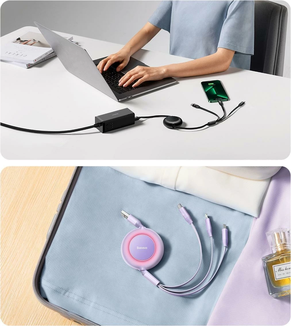 Kabllo USB Baseus Bright Mirror 2 CAMJ010101 3-në-1 retraktile 1.1 m 66W USB-A në USB-C/microUSB/Lightning, e zezë