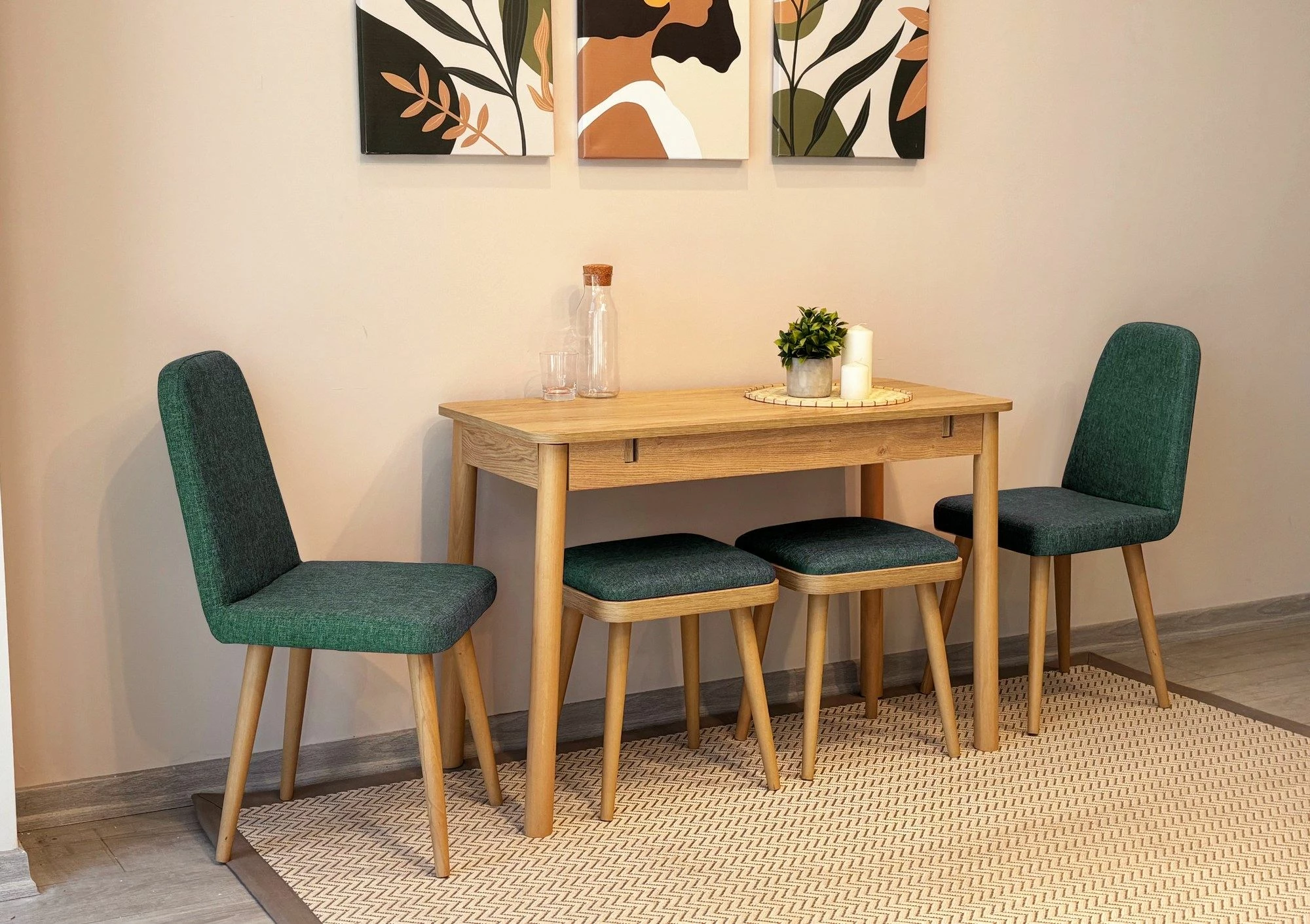 Set tavoline me karrige, zgjatshme, 6 pjesë, ngjyrë lis dhe e gjelbër, Skye Decor, Vina Mini 03 1070