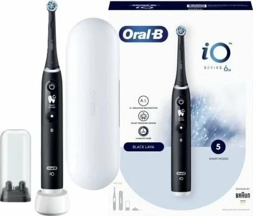 Furçë dhëmbësh elektrike Oral-B iO Series 6, 5 mënyra, me sensor presioni, me ekran OLED, me aplikacion, 1 kokë, me kuti udhëtimi, e zezë