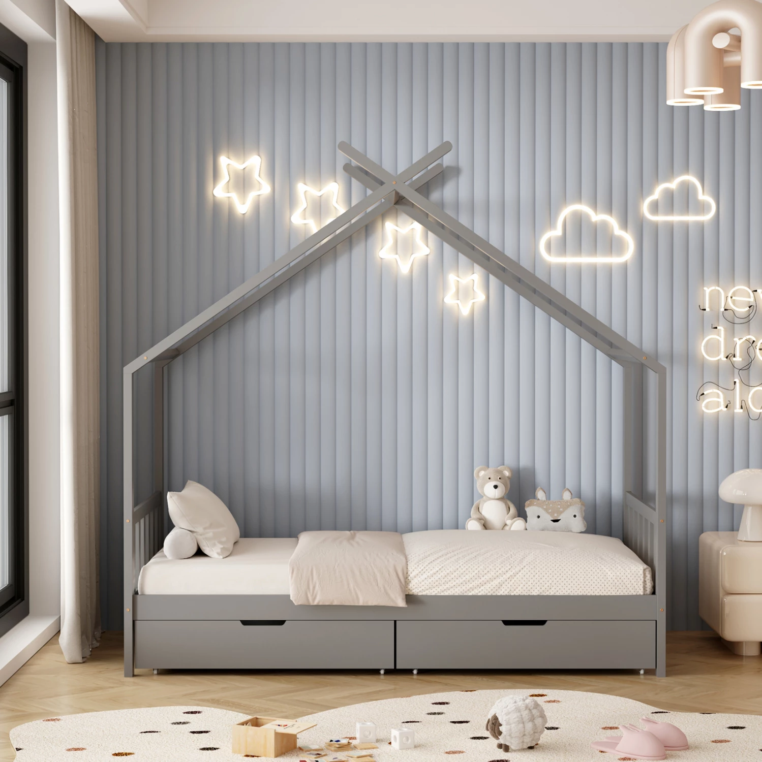 Krevat për fëmijë KLARICE FH680.05 Montessori-2 sirtarë-dru pishe në gri-190x90cm