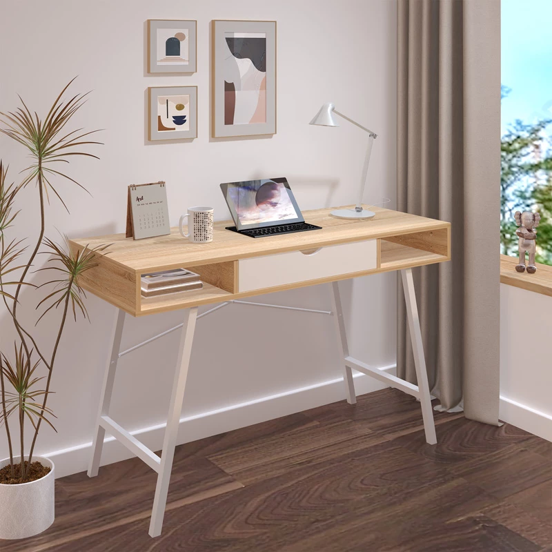 Tavolinë zyre Yamin, ngjyrë lisi me këmbë metalike të bardha, 120x48x76cm