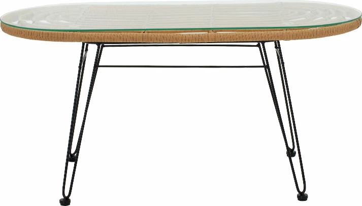 Tavolinë e ulët për kopsht, metal i zi, ratan PE natyral, xham i temperuar, 100x45x46cm