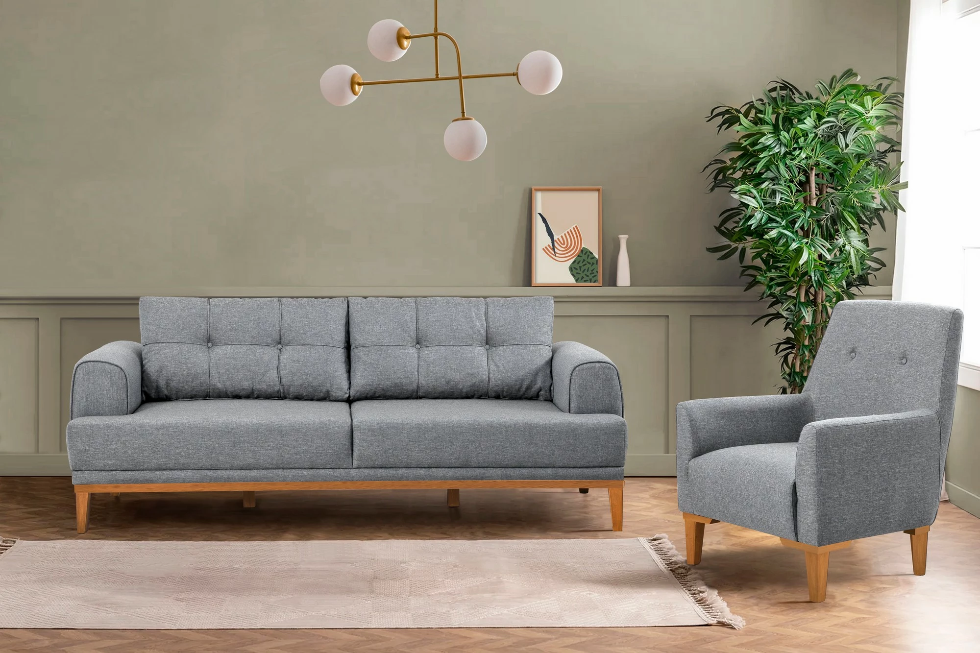 Set divani Atelier del Sofa, Vina, gri, këmbë dru Atlantic Pine