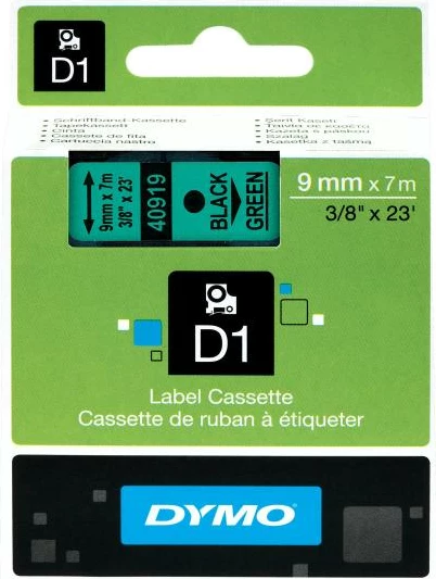 Shirit etiketimi, Dymo, D1 40919 (S0720740), 9mm x 7m, poliester, zi/jeshile