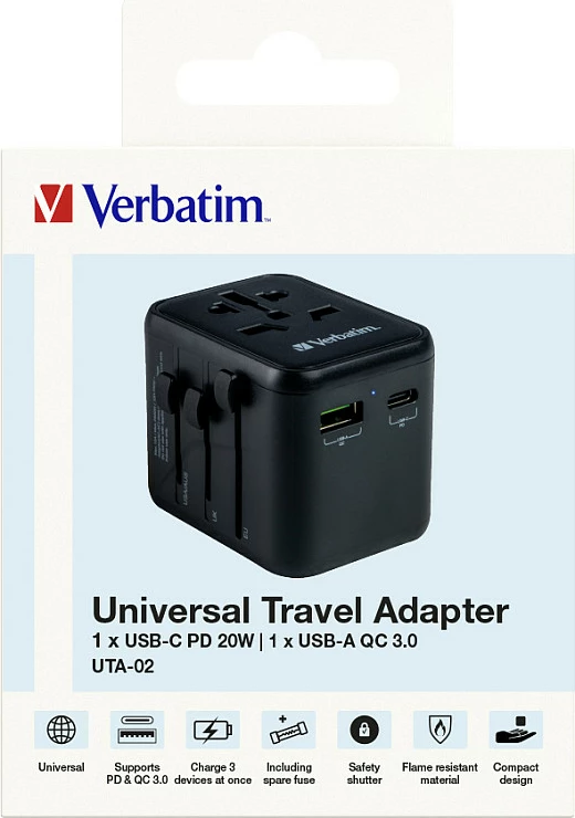 Adapter universal udhëtimi Verbatim UTA-02, 1x USB-A, 1x USB-C, 2500W, i zi