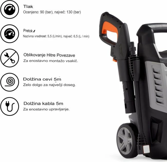 Pastrues me presion të lartë VONHAUS 3500263, 1600W, 90–130 bar, 5–6.5 l/min, zorrë 5 m, komplet me aksesorë, gri/zi-portokalli