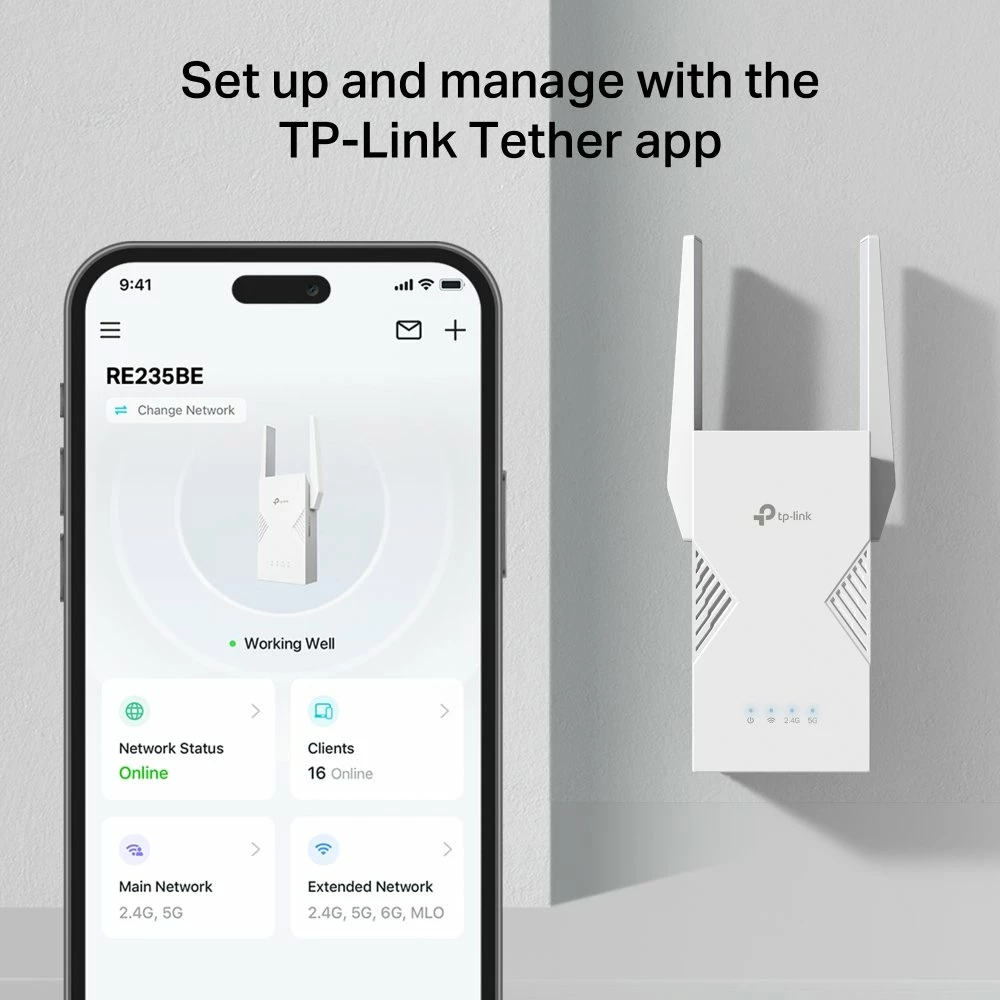 Përforcues sinjali Wi‑Fi TP-Link RE235BE Wi‑Fi 7 BE3600 Dual‑Band, 2.5G Ethernet, Mesh, WPA3, i bardhë