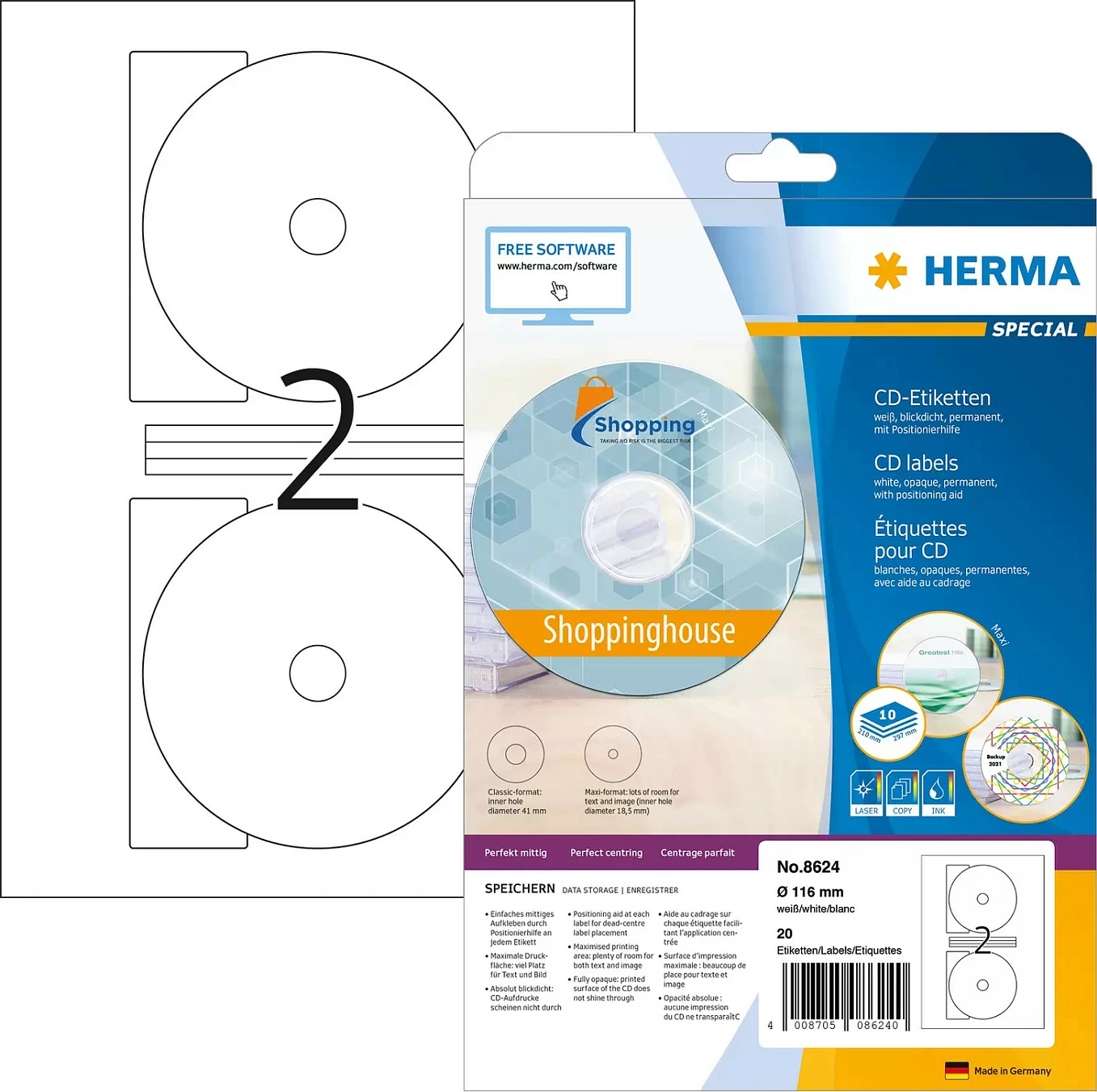 Etiketa për CD HERMA Maxi A4 Ø116 mm, 20 copë, mat, të bardha