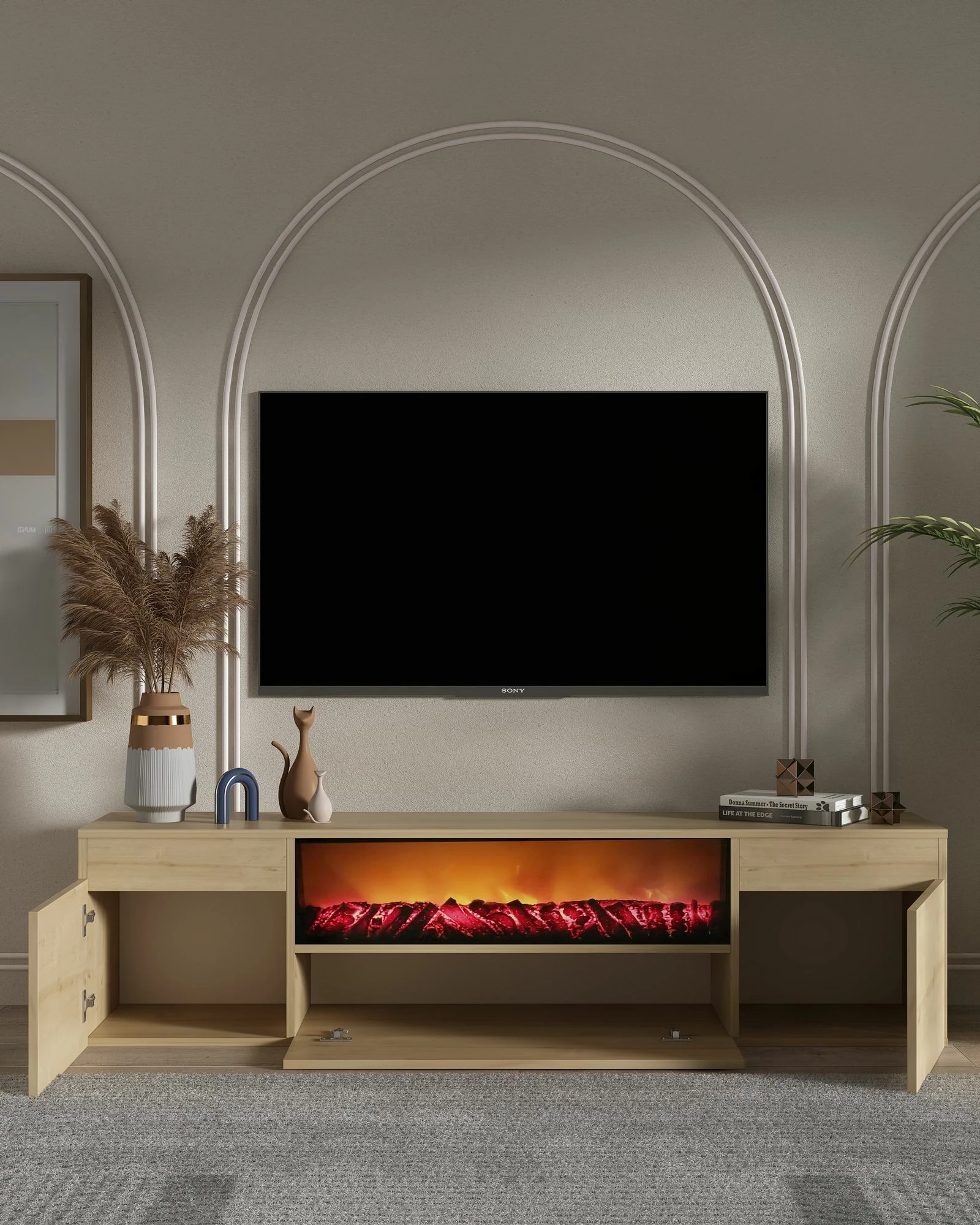 Komodë TV me oxhak dekorativ Elodi, ngjyrë lisi Sapphire Oak