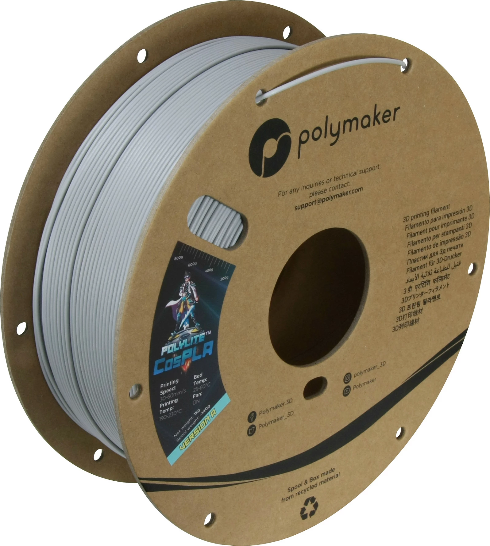 Filament 3D Polymaker PolyLite CosPLA Version A, 1 kg, i bardhë