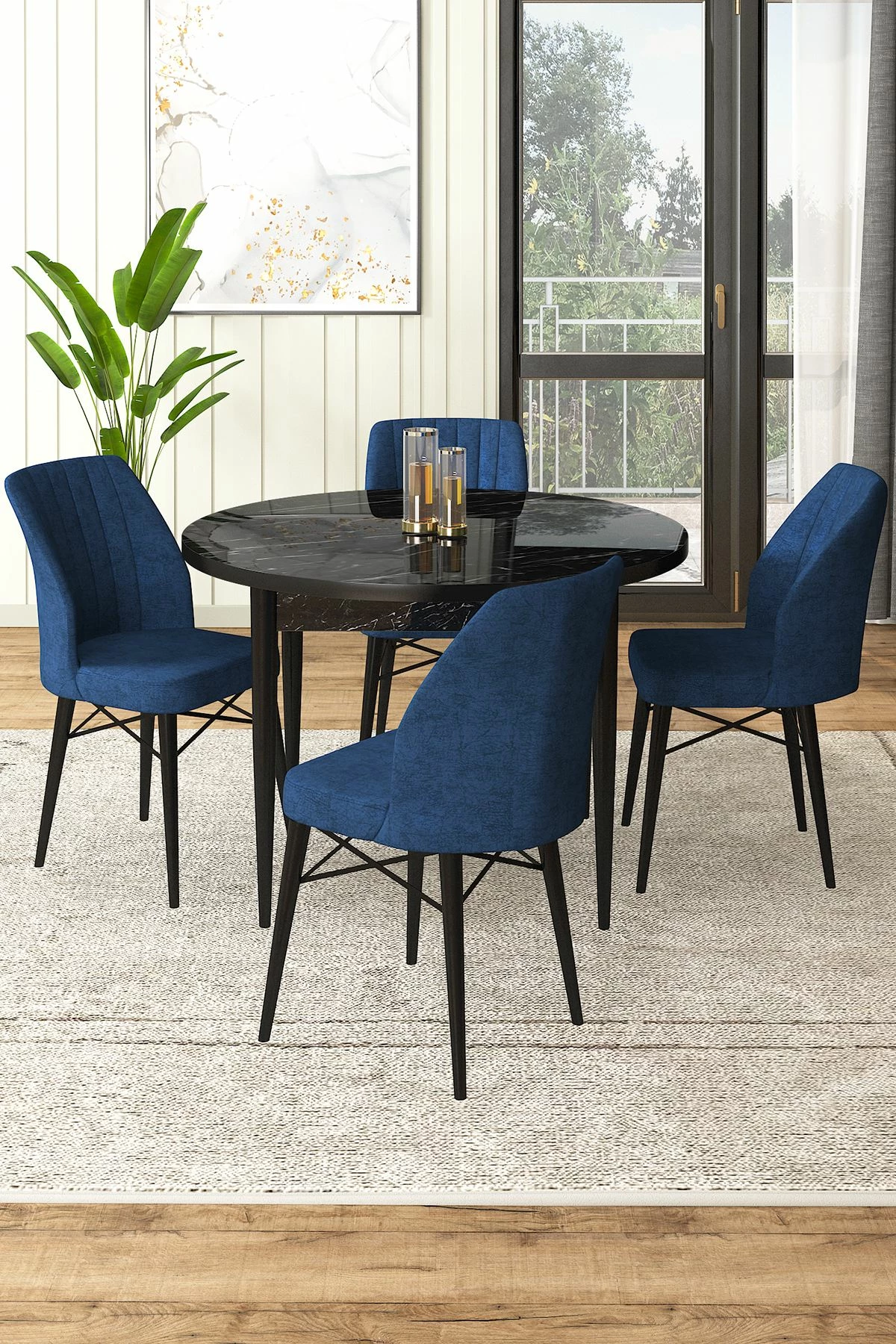 Tavolinë me karrige, 5 copë, Skye Decor, Rox, mermer i zi, karrige blu e errët