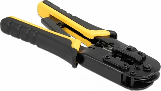 Pincë krimpimi DeLOCK universale RJ45/RJ12/RJ11, me zhveshës kablli, e zezë/verdhe