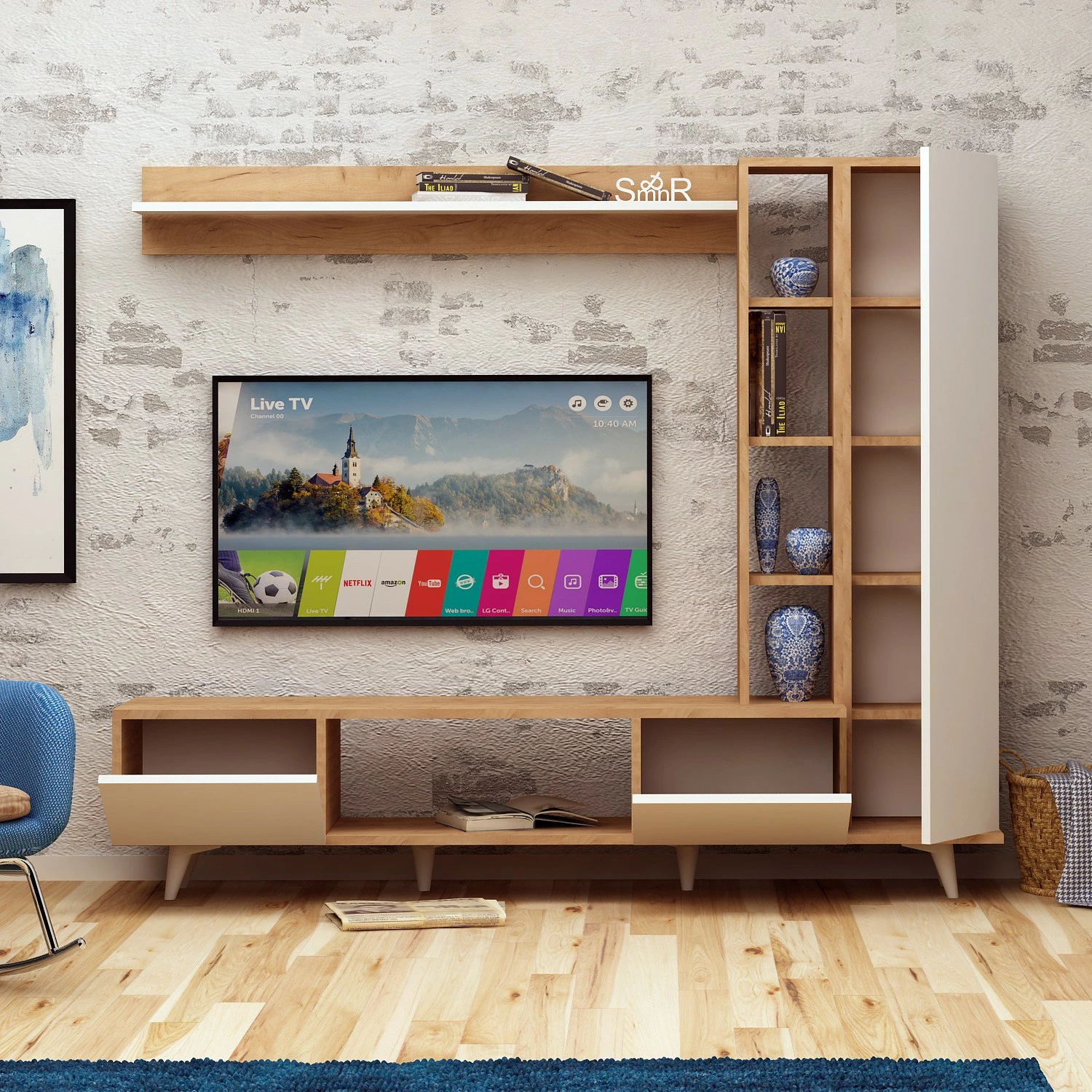 Njësi TV Skye Decor, rambuty, ngjyrë lis dhe e bardhë
