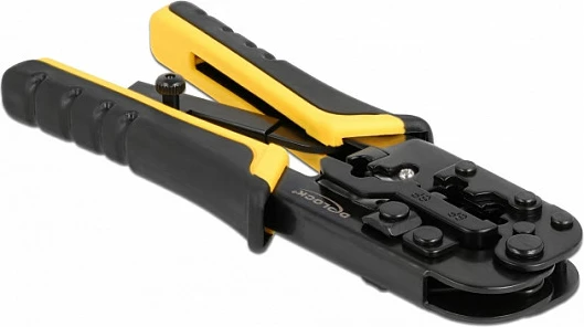 Pincë krimpimi DeLOCK universale RJ45/RJ12/RJ11, me zhveshës kablli, e zezë/verdhe