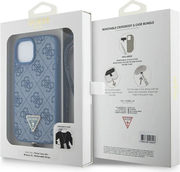 Mbështjellës Guess Crossbody 4G Metal Logo për iPhone 15/15 Plus, 6.1", Kaltër