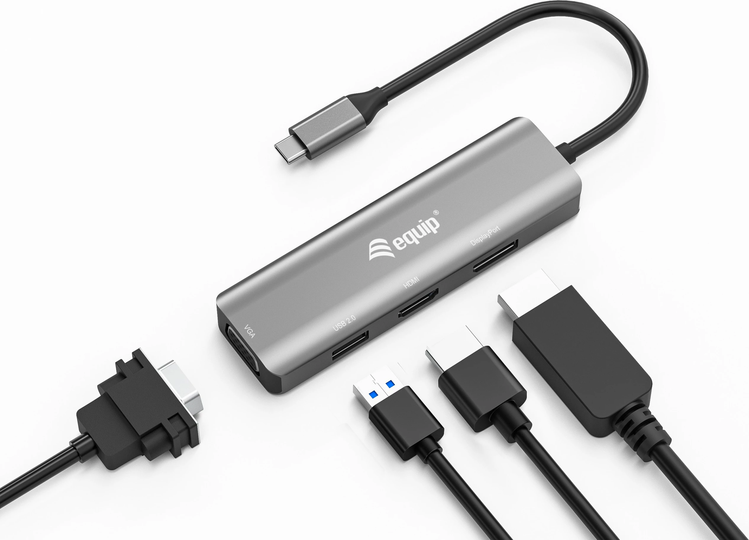 Adapter USB-C Equip 133485, HDMI/DisplayPort/VGA/USB, 4K, i zi/argjendtë