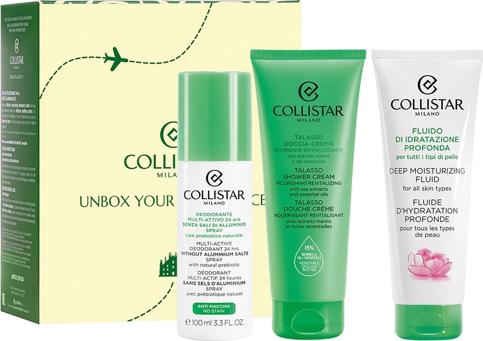 Set kozmetike për femra Collistar Unbox Your Confidence deodorant spray, fluid hidratues, xhel dushi 3x100ml
