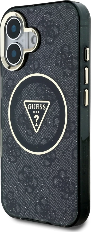 Mbështjellës Guess IML Metal Glitter 4G Circle Triangle MagSafe për iPhone 16, i zi