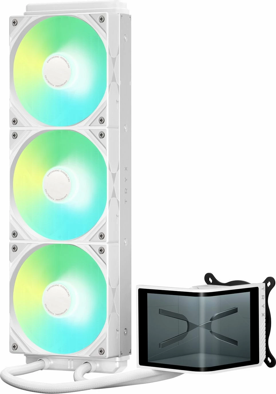 Ftohës uji AiO për CPU TRYX Panorama SE ARGB 360 (L-P360L-AM3M-G0W), 3x120mm PWM, ekran 3D AMOLED 2K 60Hz, e bardhë