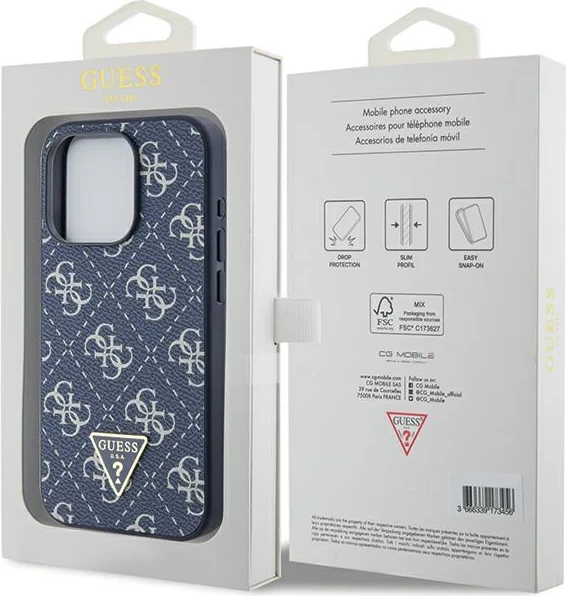 Mbështjellës Guess 4G Triangle Metal Logo GUHCP15XPG4GPB për iPhone 15 Pro Max 6.7", hardcase, TPU/PC/Eko-lëkurë, blu, në kuti