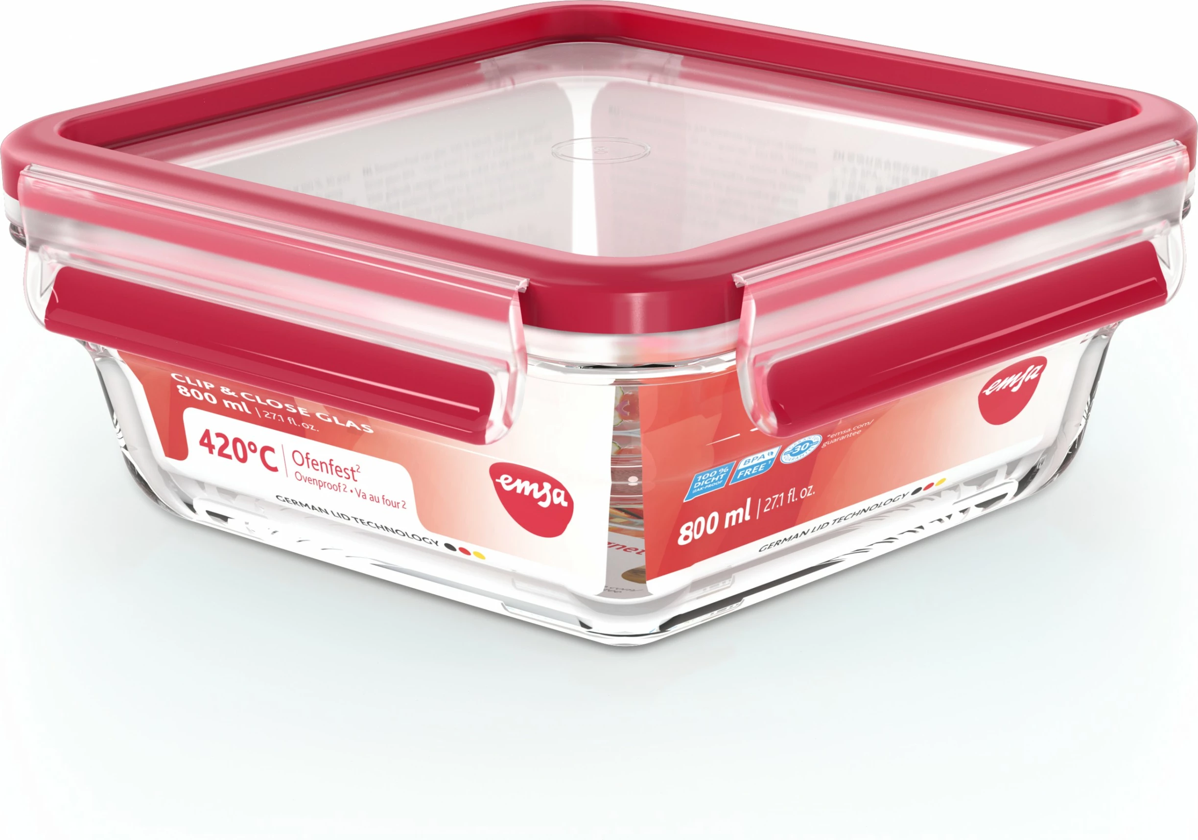 Enë xhami Emsa N10414 Clip & Close 0.8L katrore, transparent/kuqe