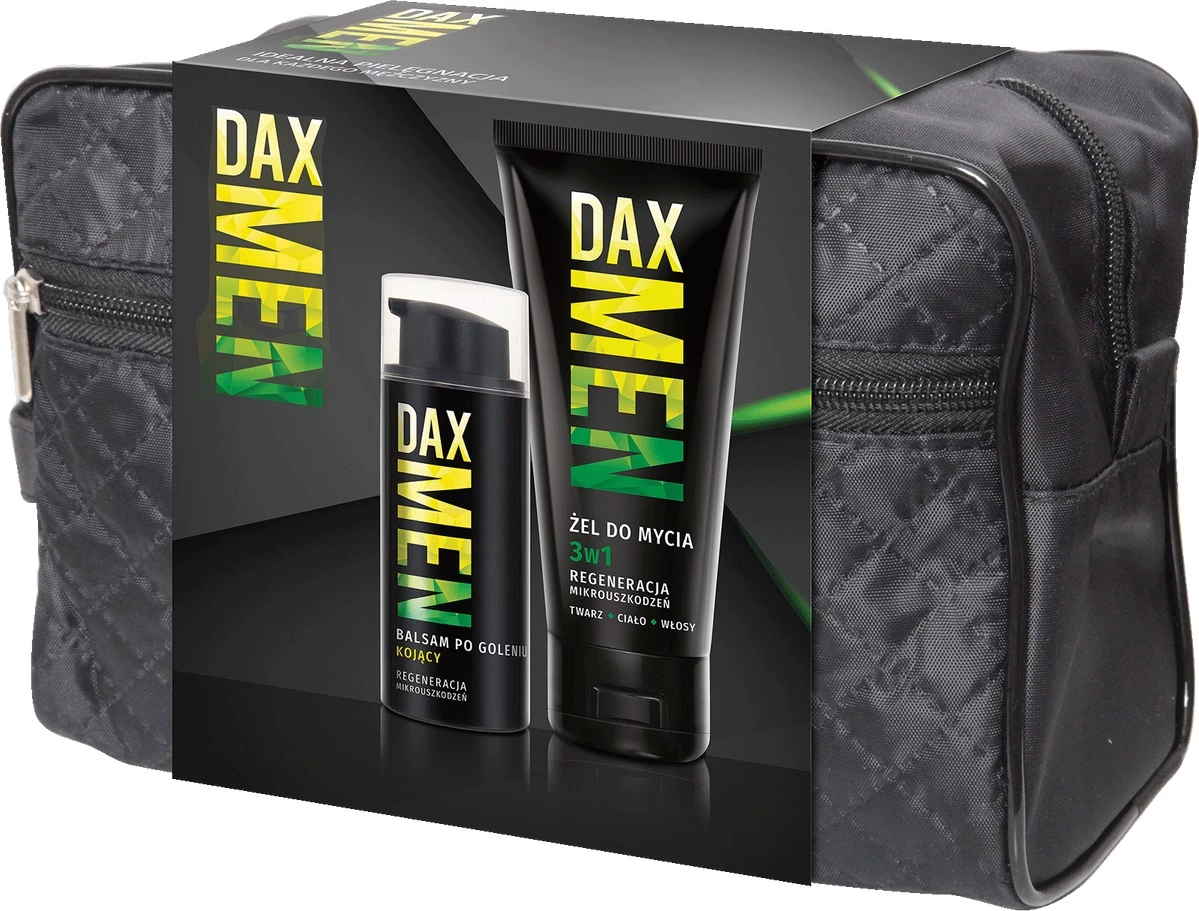 Set kozmetik për meshkuj Dax Men 3-në-1 xhel larës fytyrë, trup, flokë 180ml + balsam pas rrojës 100ml + çantë