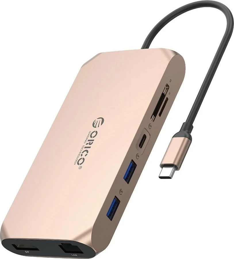 Hub Orico USB-C 12w1 XCR-X33, 2x HDMI 4K, DisplayPort, RJ45, SD/microSD, 100W PD, rozë e artë