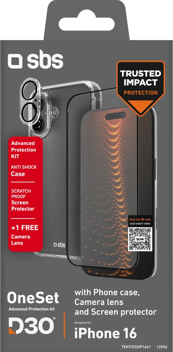 Set mbrojtës për celular SBS D3O për iPhone 16, kasë + xham ekrani + mbrojtës kamere, transparent