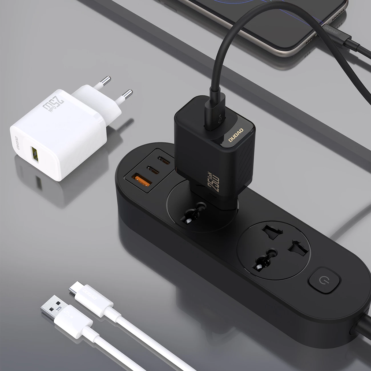 Karikues muri GaN, Dudao A27STEU, 25W USB-A PD, prizë EU, me kabllo USB-A–USB-C 1 m, bardhë
