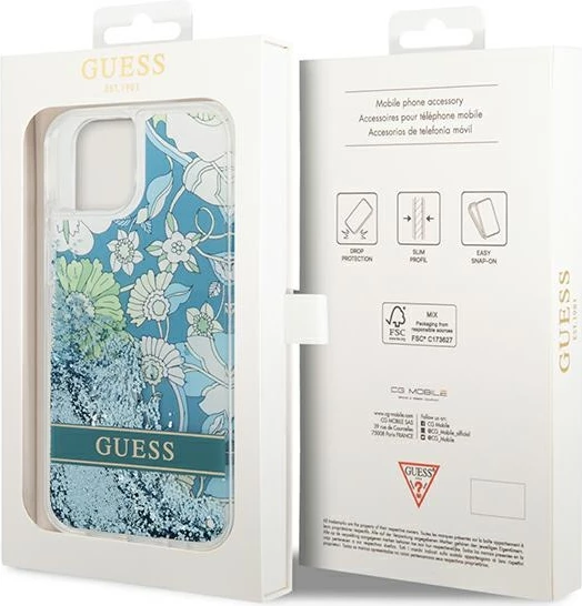 Mbështjellës Guess Flower Liquid Glitter për iPhone 14 Plus 6.7", Gjelbër