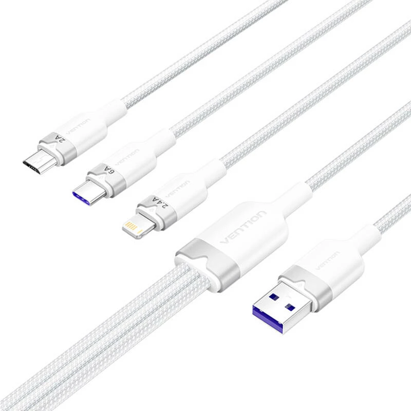 Kabllo 3-në-1 Vention CTRWG, USB 2.0 A në USB-C/Lightning/Micro-B, 1.5m, Bardhë