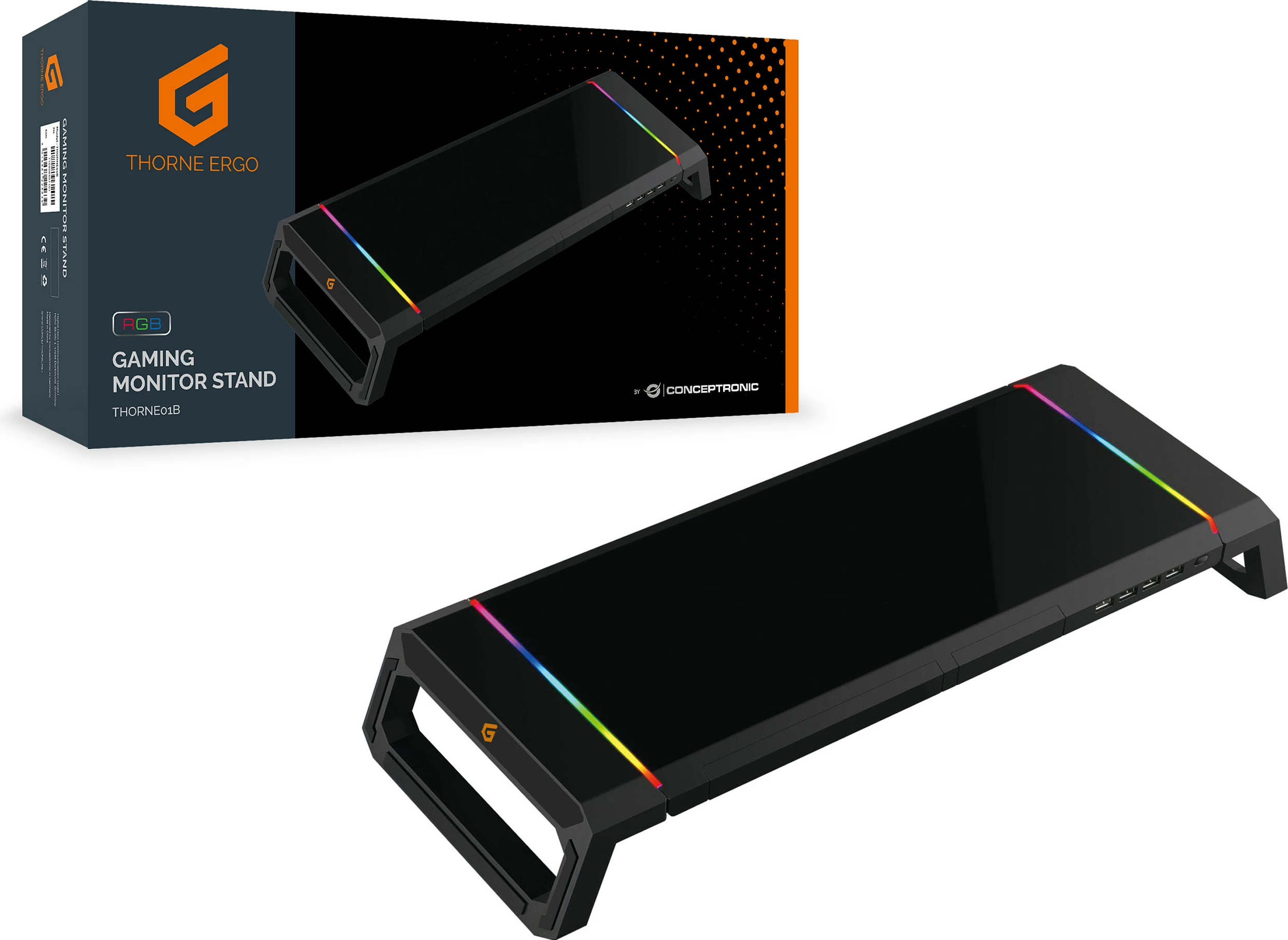Mbajtës monitori Conceptronic THORNE ERGO, USB hub 4x USB 2.0, RGB LED, 10 kg, i zi