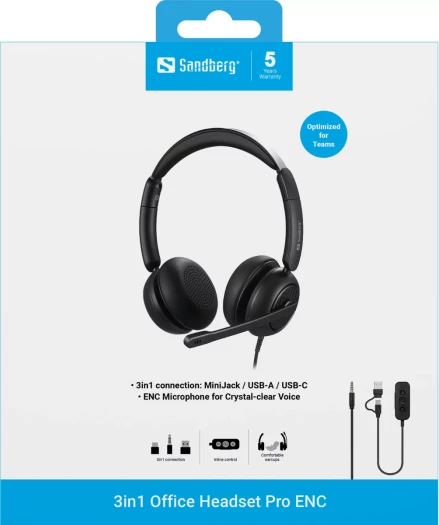 Kufje Sandberg 3in1 Office Headset Pro ENC (MPN 126-54), 3.5mm/USB-A/USB-C, me mikrofon, të zeza
