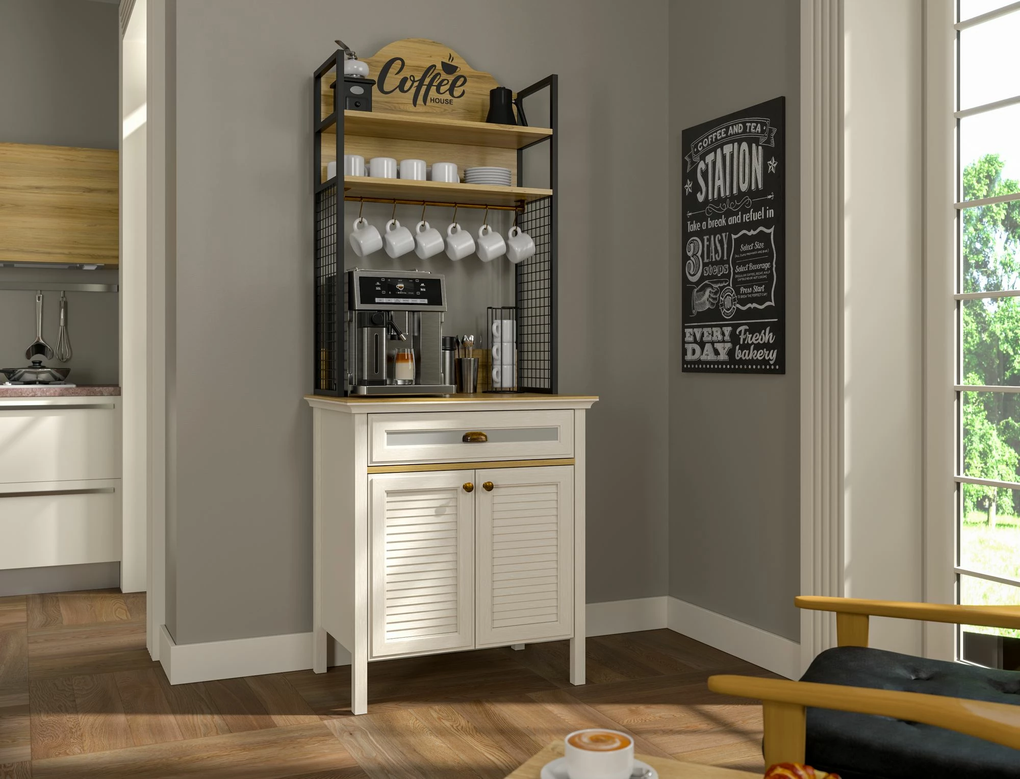 Dollap për kafe, ngjyrë krem, lisi, e zezë, Skye Decor, FRN-21028