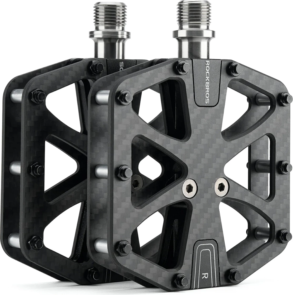 Pedale biçiklete platformë Rockbros C525, T700 karbon, bosht titan, 3 kushineta të mbyllura, 9/16", të zeza, set 2 copë