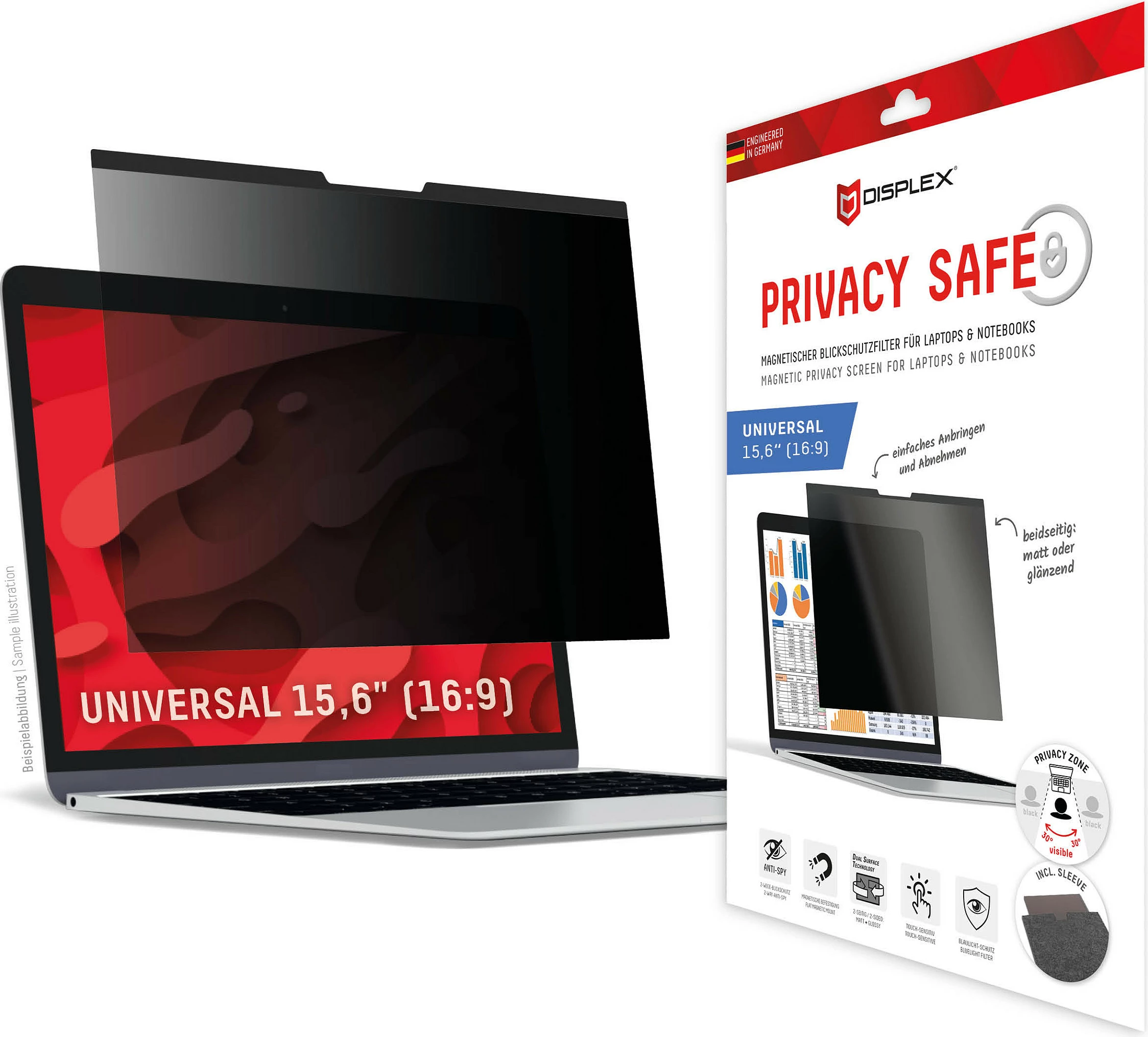 Filter privatësie magnetik për laptop Displex Privacy Safe, 15.6" (16:9), 2-anësh matt/shkëlqyes, me filtër dritë blu, zi